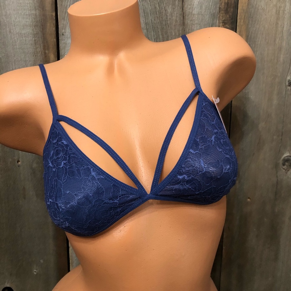 Anemone Blue Floral Lace Triangle Peekaboo Bralette One Size